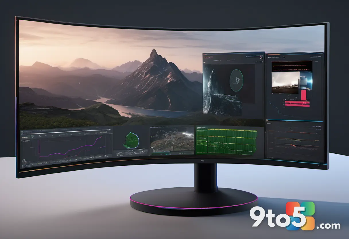 A side view of a massive 45-inch curved OLED monitor displaying a cinematic game scene, emphasizing the deep blacks and 