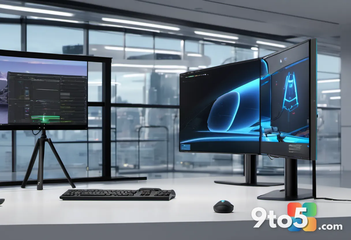 A competitive gaming setup featuring a high-refresh OLED monitor with a tripod-style stand, displaying fast-paced action