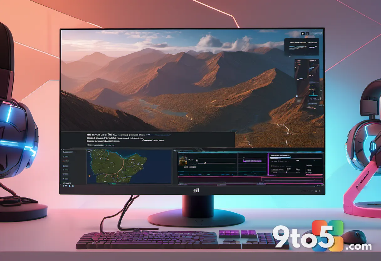 A detailed shot of a 5K IPS monitor displaying sharp text and game graphics, highlighting the high pixel density and cri