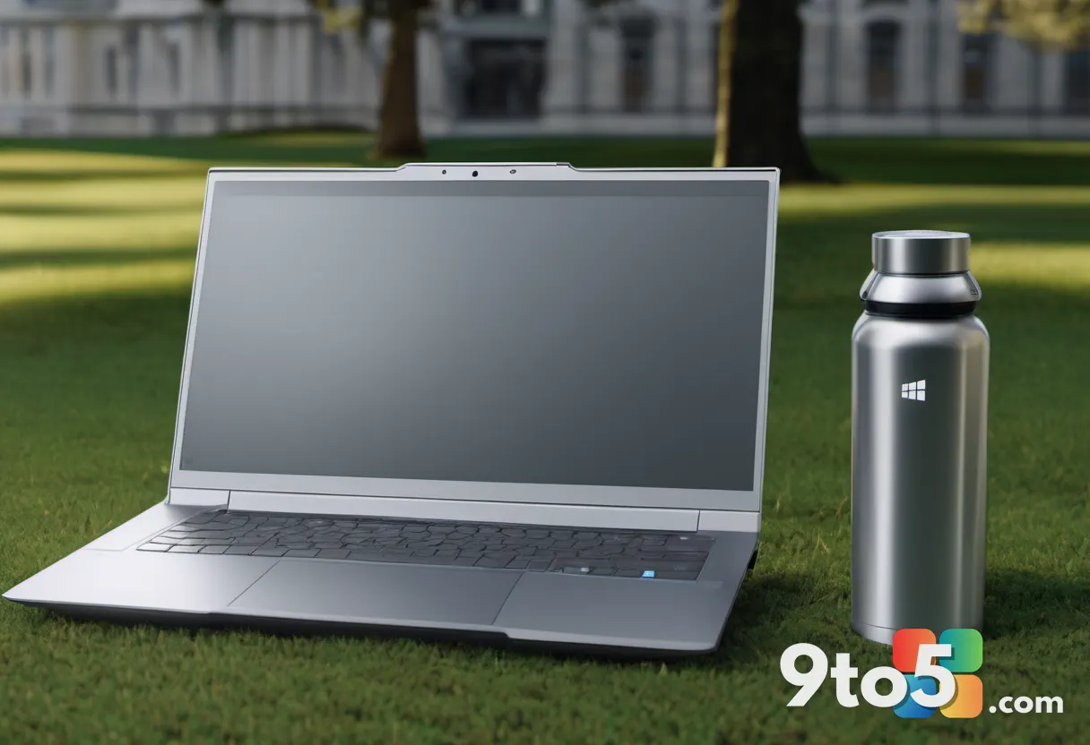 A compact silver laptop resting on a grassy campus quad, with a backpack and a reusable water bottle nearby under overca