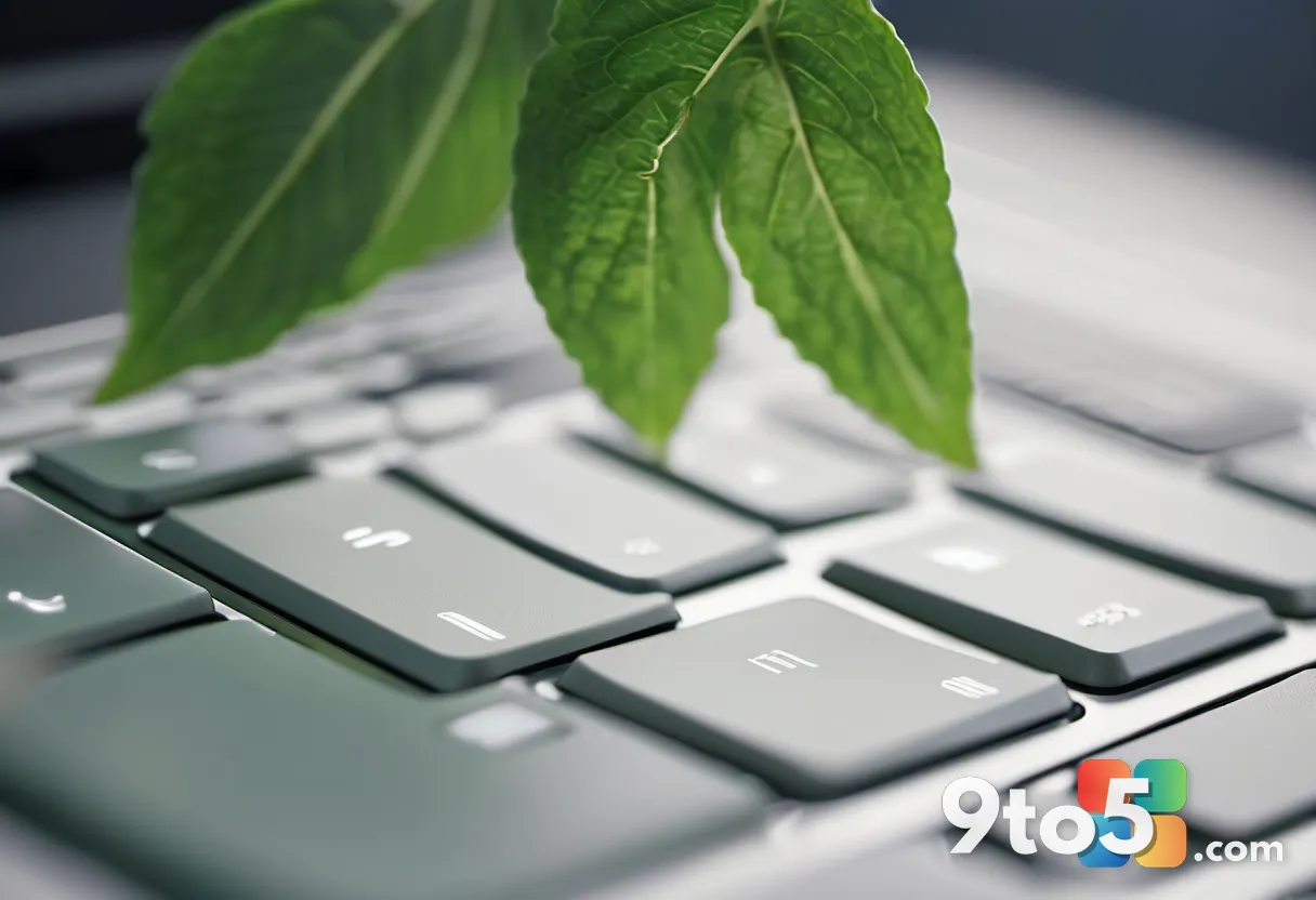 Close-up of a modern laptop keyboard with white keys, soft focus background showing a blurred office window and green pl