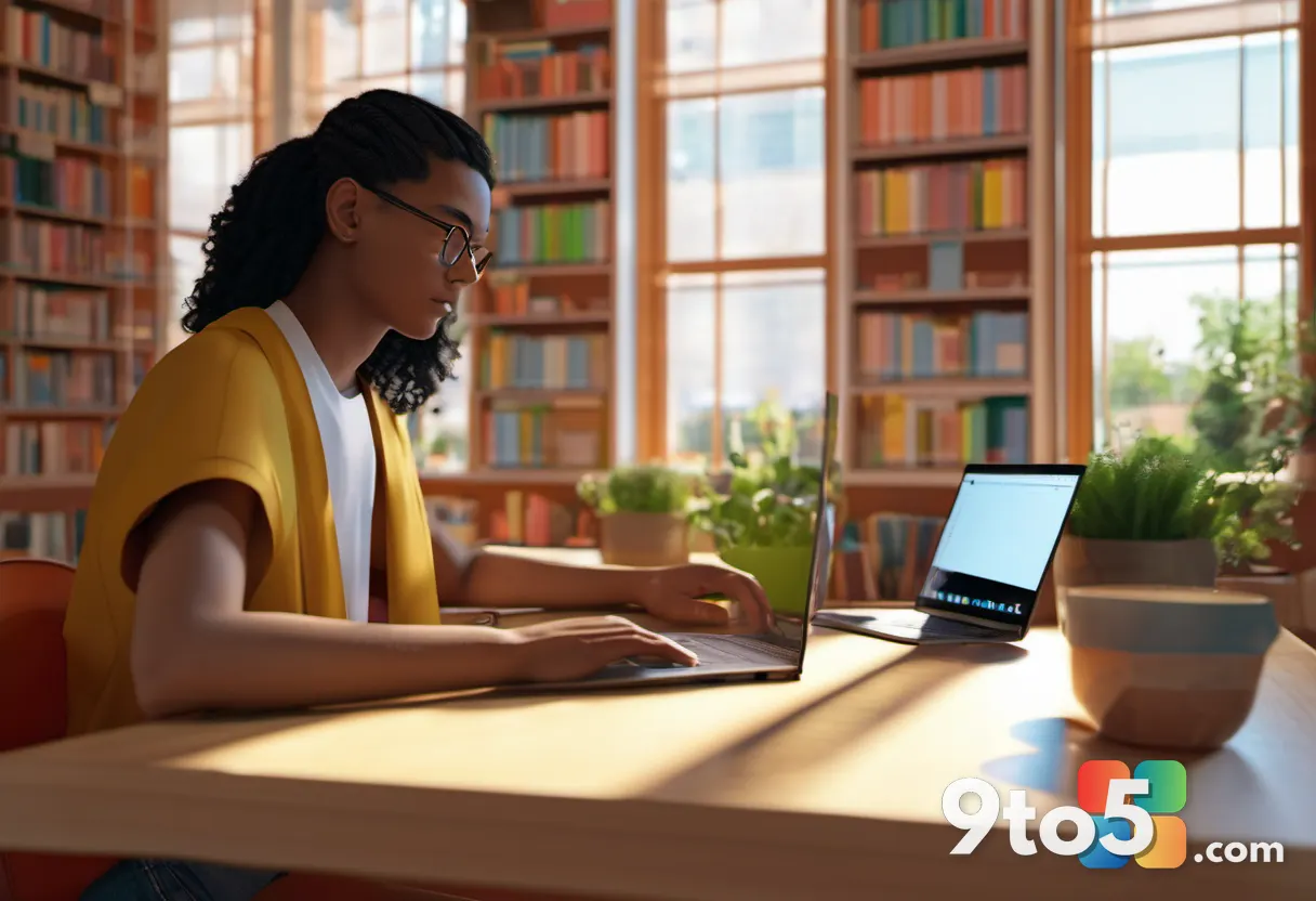 A student sitting in a sunlit library with a compact laptop, surrounded by books and a reusable water bottle, conveying 