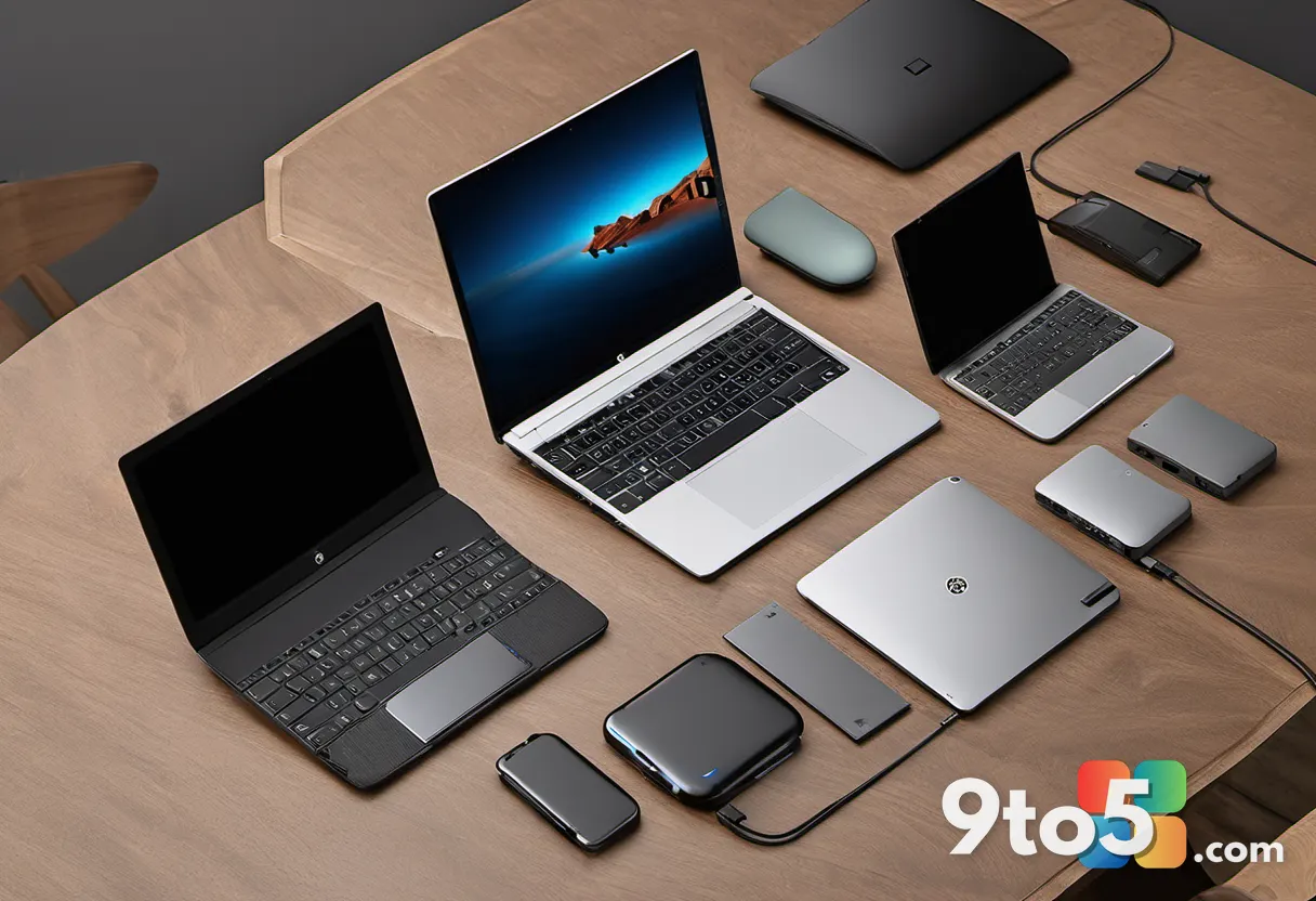 An overhead shot of various laptop ports including USB-C, HDMI, and USB-A arranged neatly on a dark wooden desk surface.