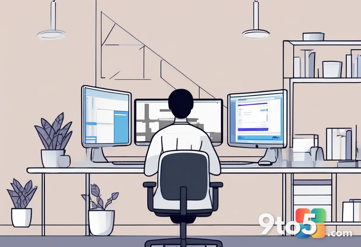 A person working at a dual-monitor setup with a mini PC discreetly placed behind one monitor, creating a clean and effic