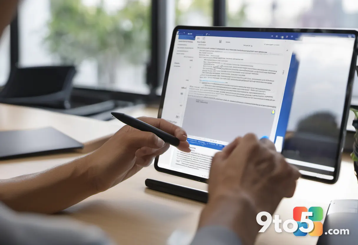 A close-up of a hand using a stylus to annotate a digital document on a tablet, with a blurred office background and war
