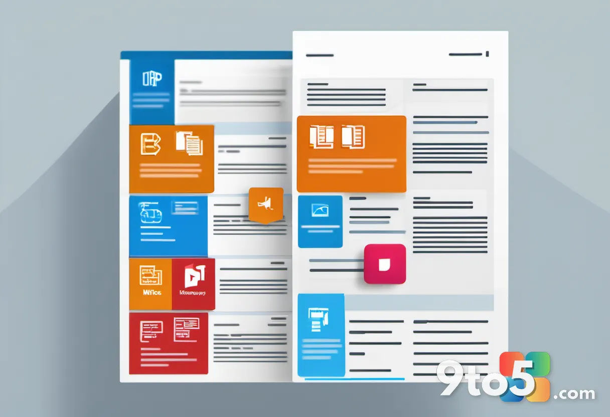 A split-screen graphic showing a PDF file being converted to a Word document, with icons representing file formats float