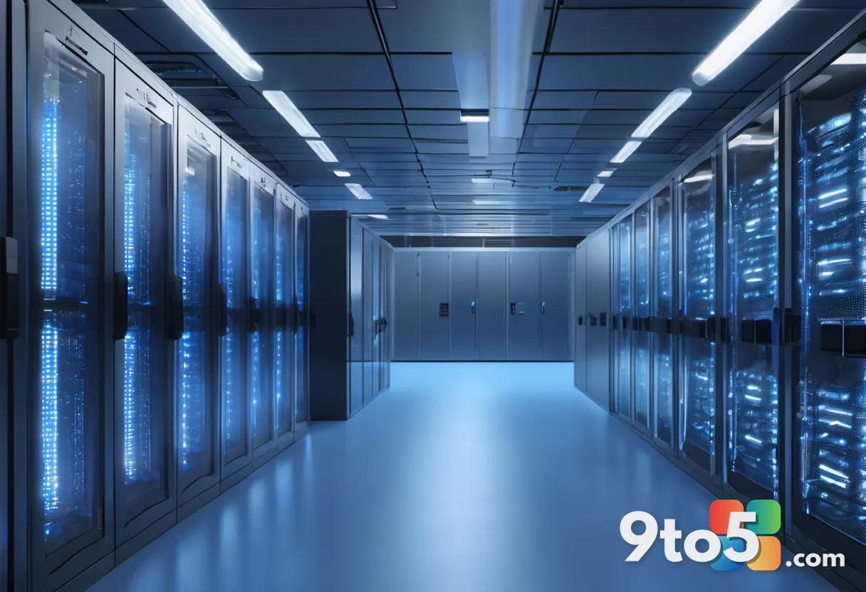 A secure server room with glowing blue lights and digital lock icons, symbolizing data protection and encryption in PDF