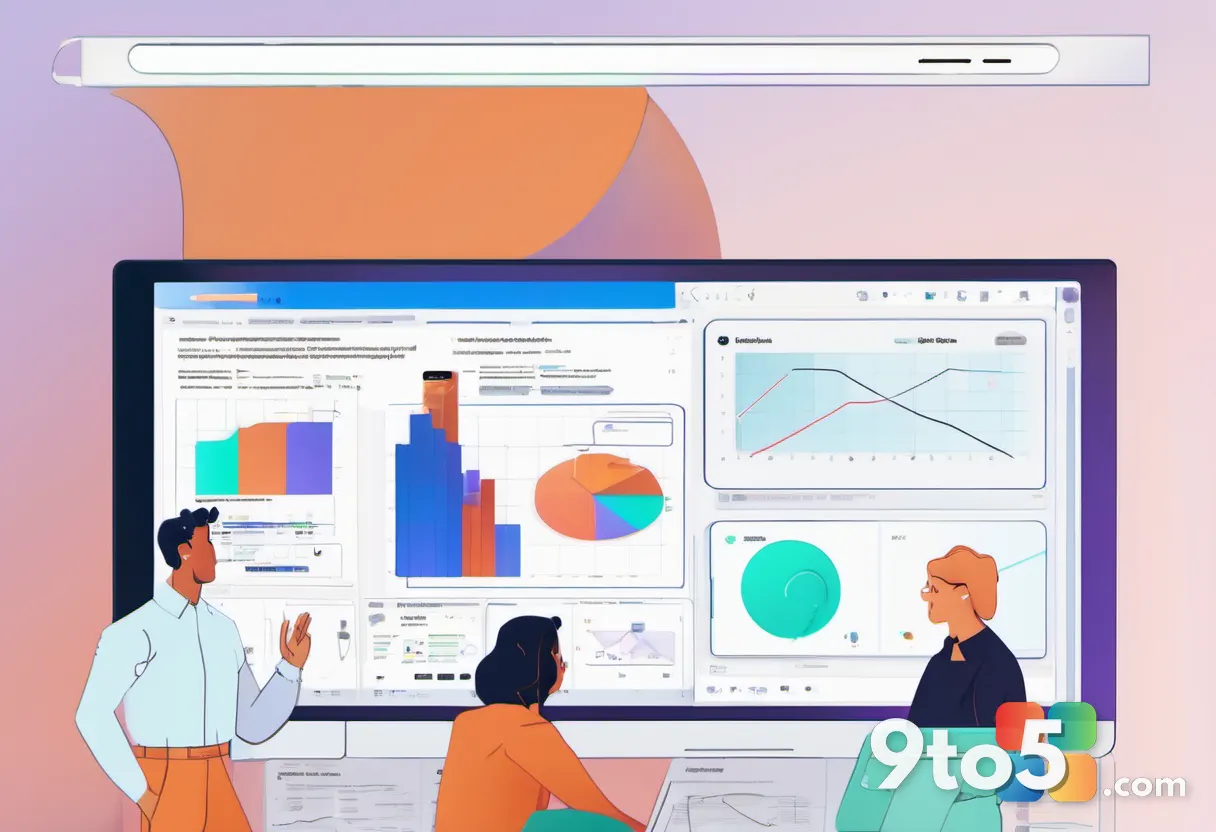 A diverse group of professionals collaborating around a large screen displaying a shared PDF document, with chat bubbles