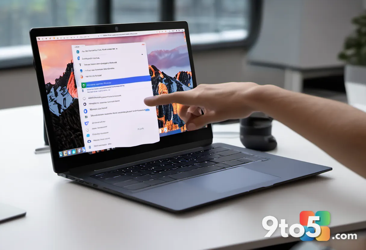 A close-up of a hand pointing at a laptop screen displaying a shared desktop interface, with soft focus on the backgroun