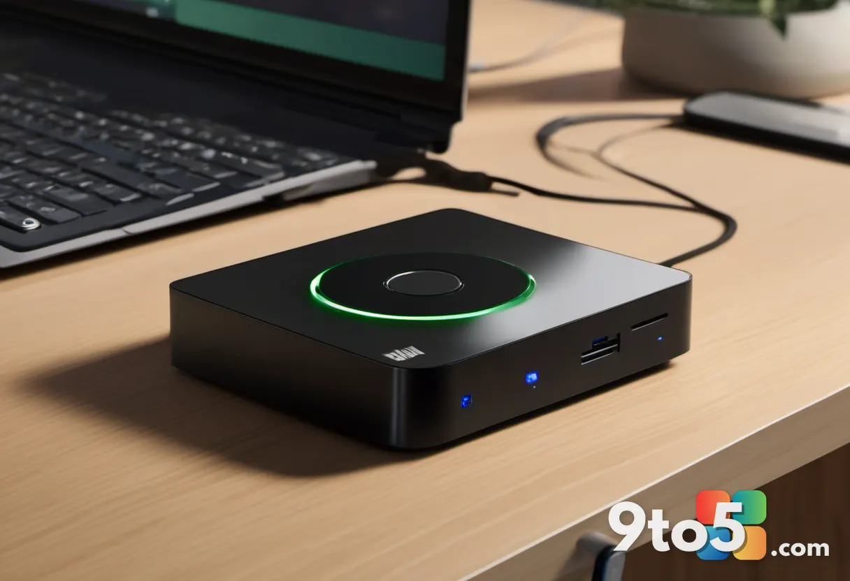 A close-up of a hand inserting a music CD into a slim external drive, with soft focus on a wooden desk surface, emphasiz