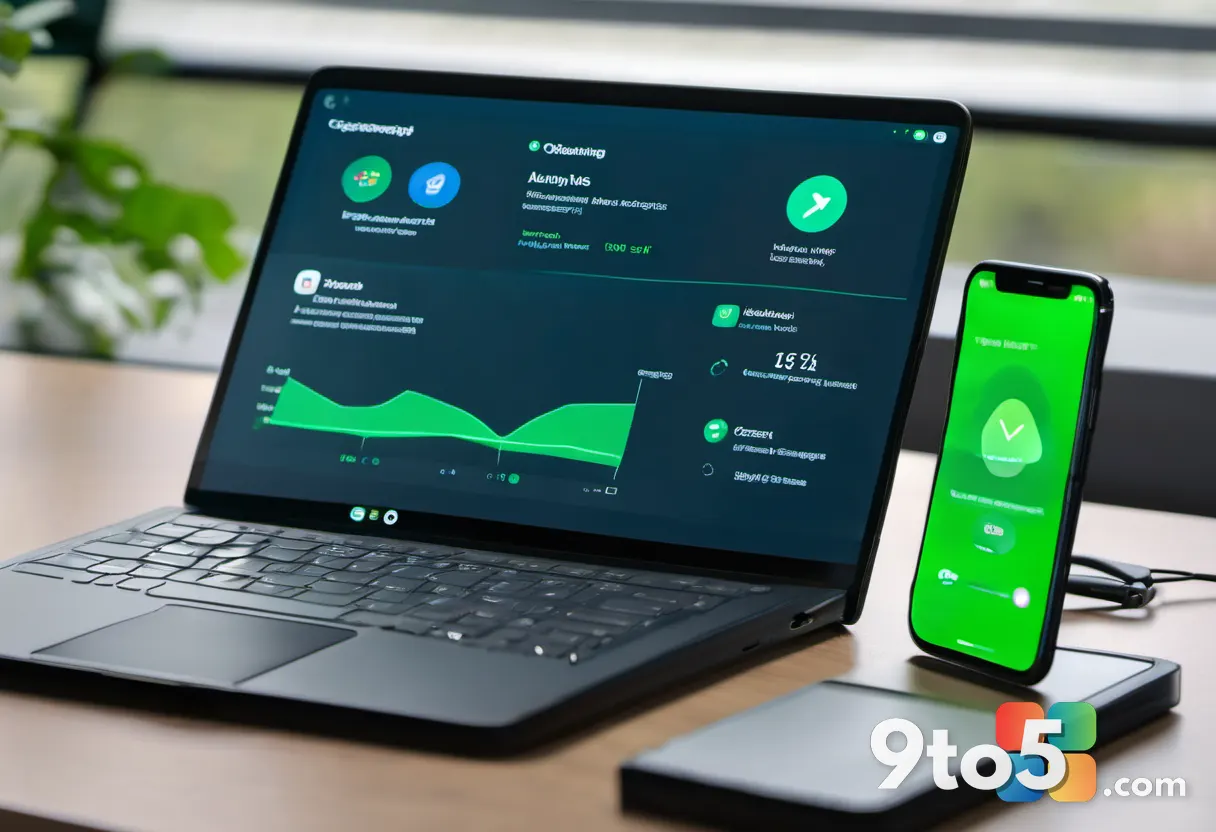 A close-up of a smartphone and laptop screen displaying a unified security dashboard with green checkmarks, symbolizing 