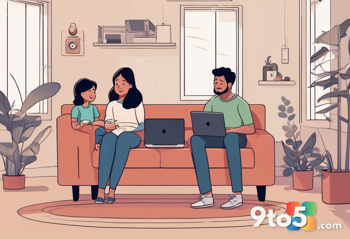 A family sitting together on a sofa, each holding a different device, with a subtle network connection graphic above the