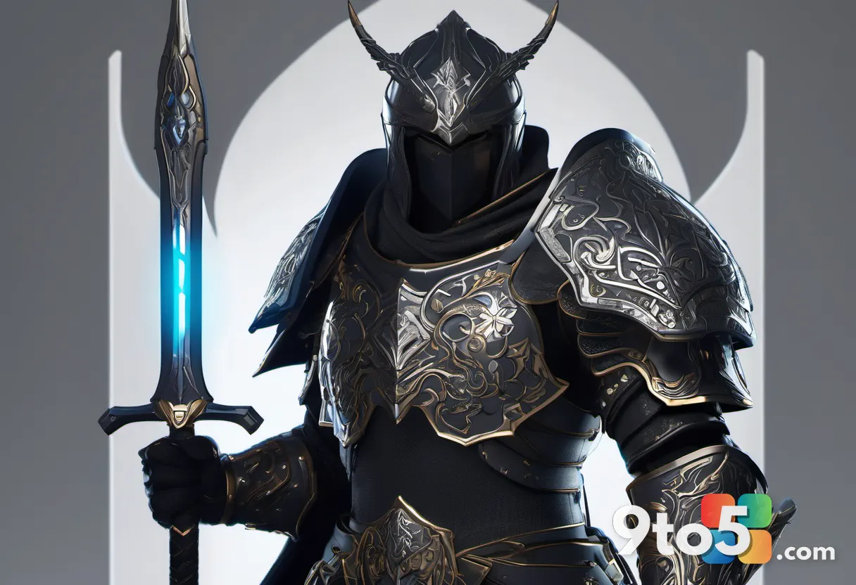 A close-up render of a dark fantasy warrior in ornate armor wielding a glowing blade, dramatic shadows, high-fidelity ga