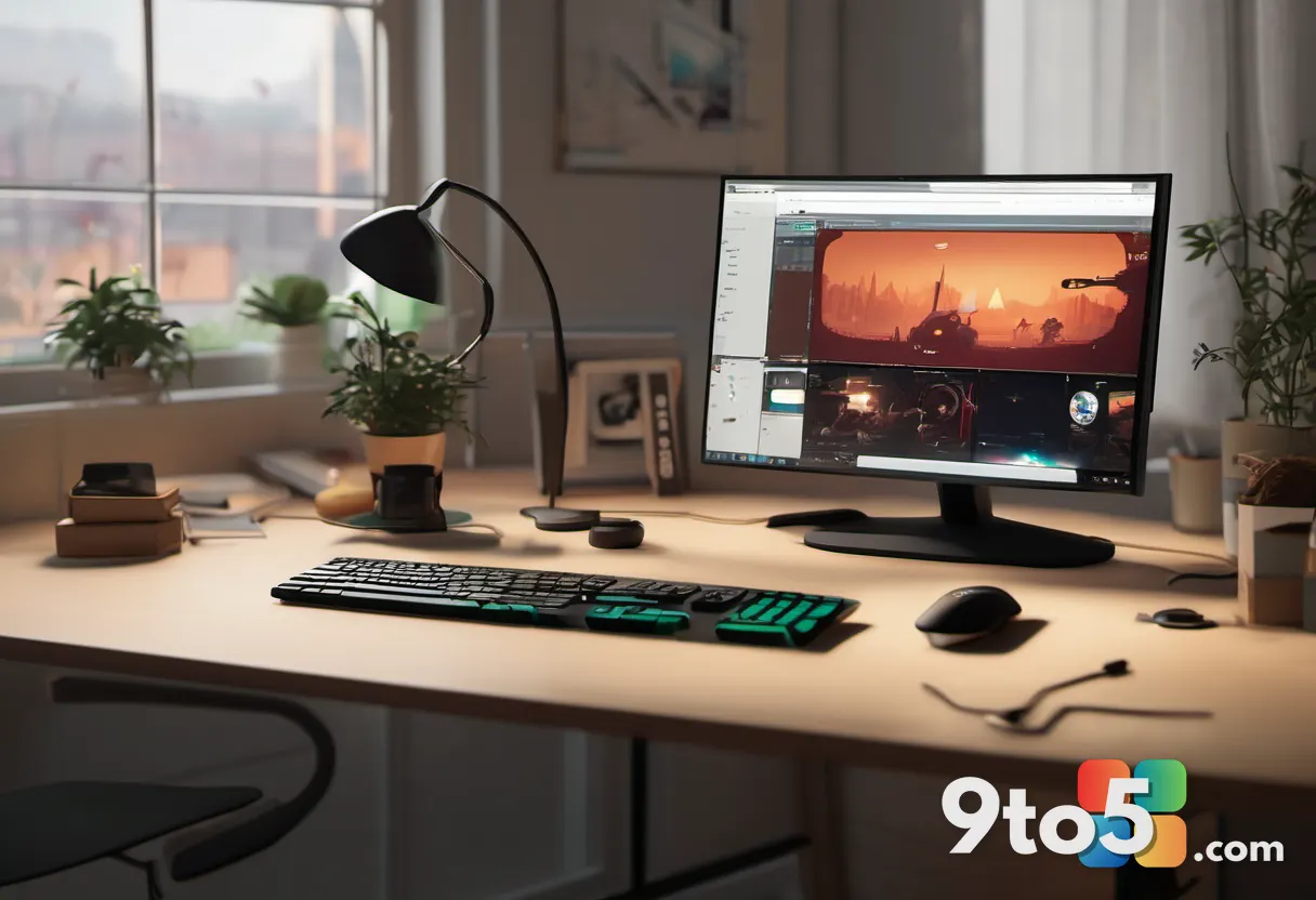 A close-up of a modern gaming controller resting on a desk next to a steaming coffee mug and scattered concept art sketc