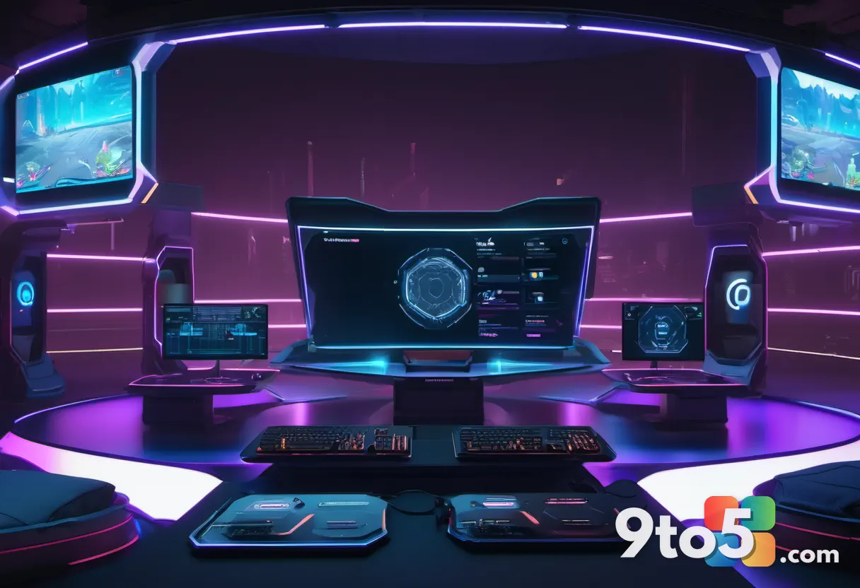 A wide shot of a futuristic gaming arena with holographic displays showing player statistics and live match feeds, neon 