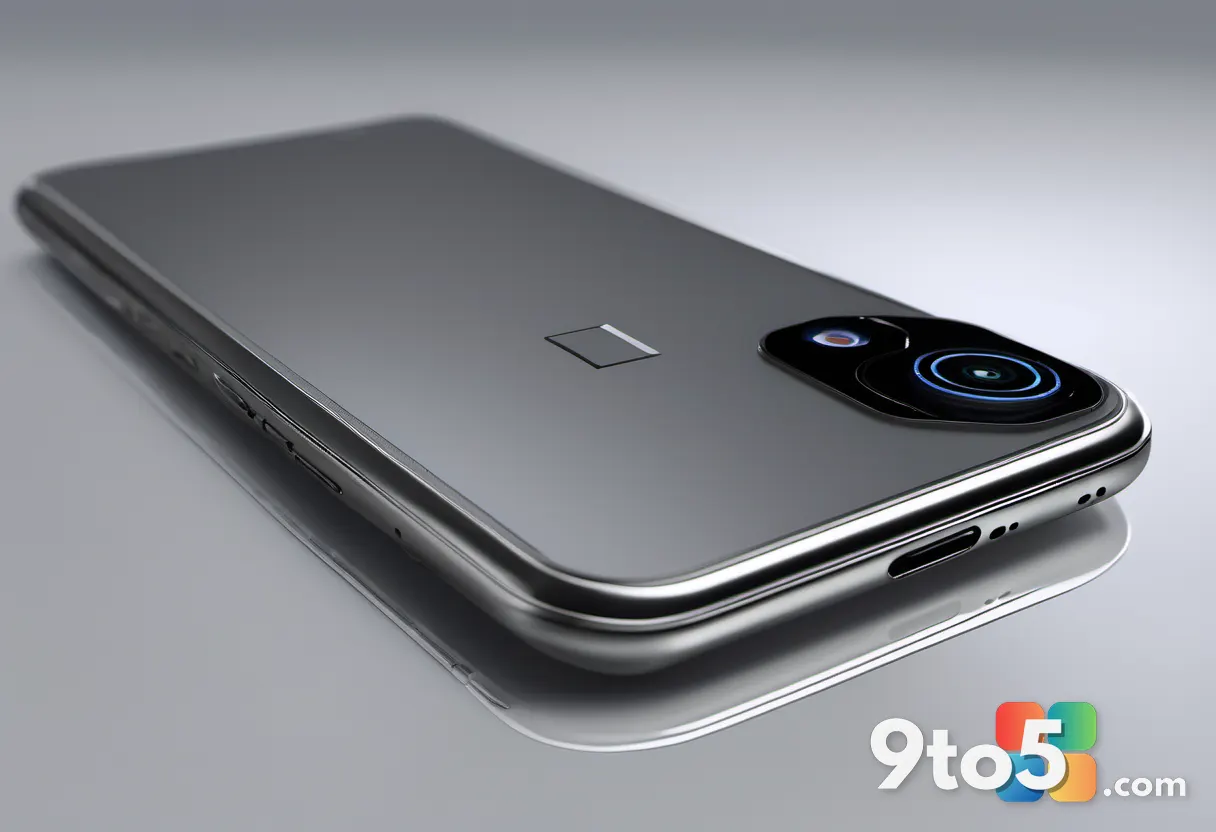 A close-up side profile of a silver metal smartphone showing physical camera and volume buttons, clean industrial design