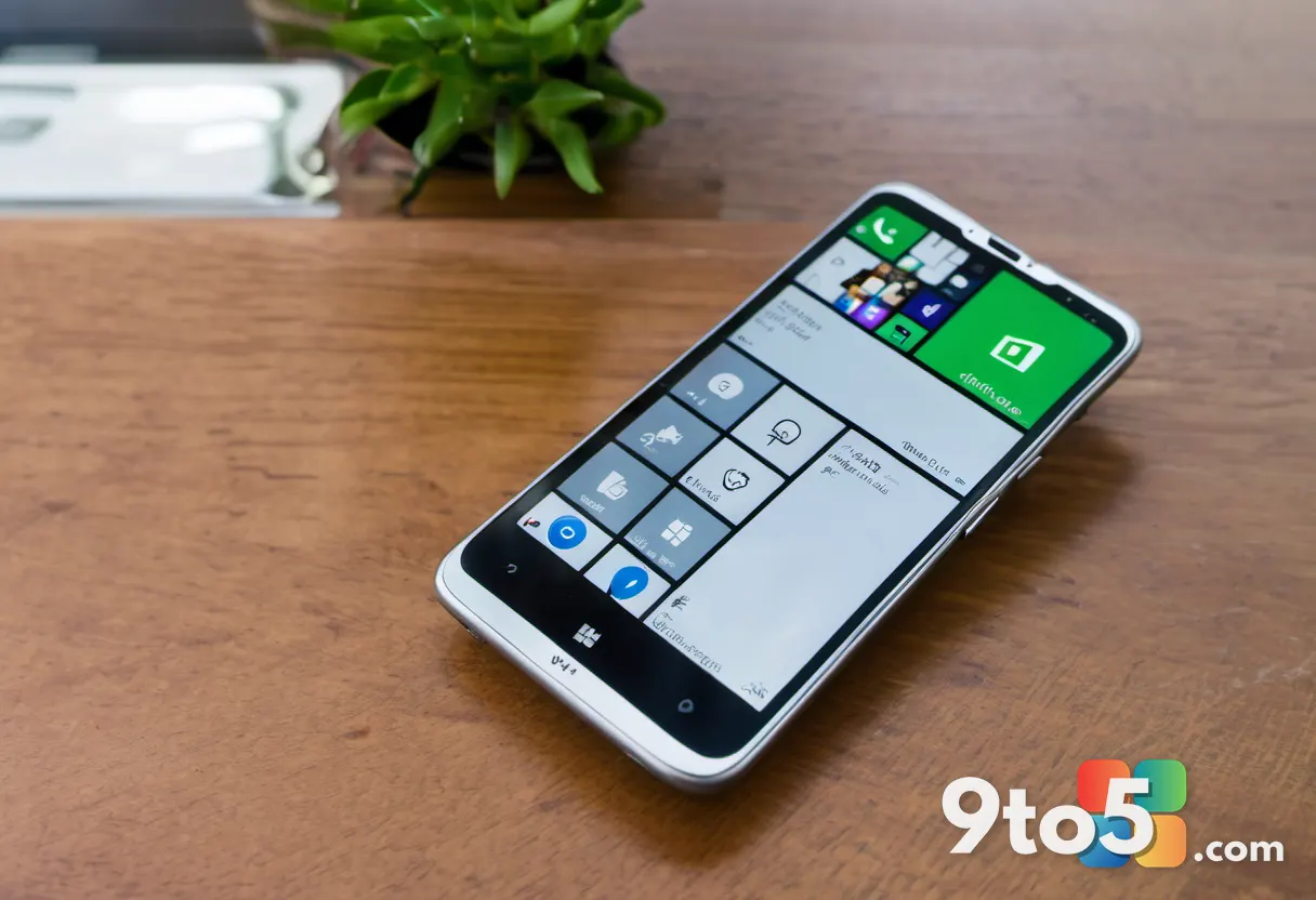 An overhead shot of a silver smartphone displaying a Windows Phone start screen with live tiles, placed on a wooden desk
