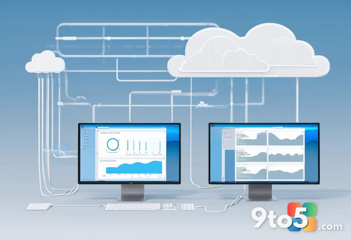 A conceptual split-screen graphic showing data flow from a Mac to a cloud server, clean blue and white colors, digital a