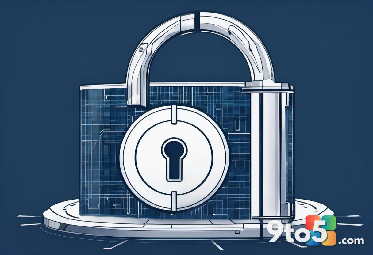 A digital illustration of a lock and key with a shield, representing security and encryption, dark blue tones, modern st