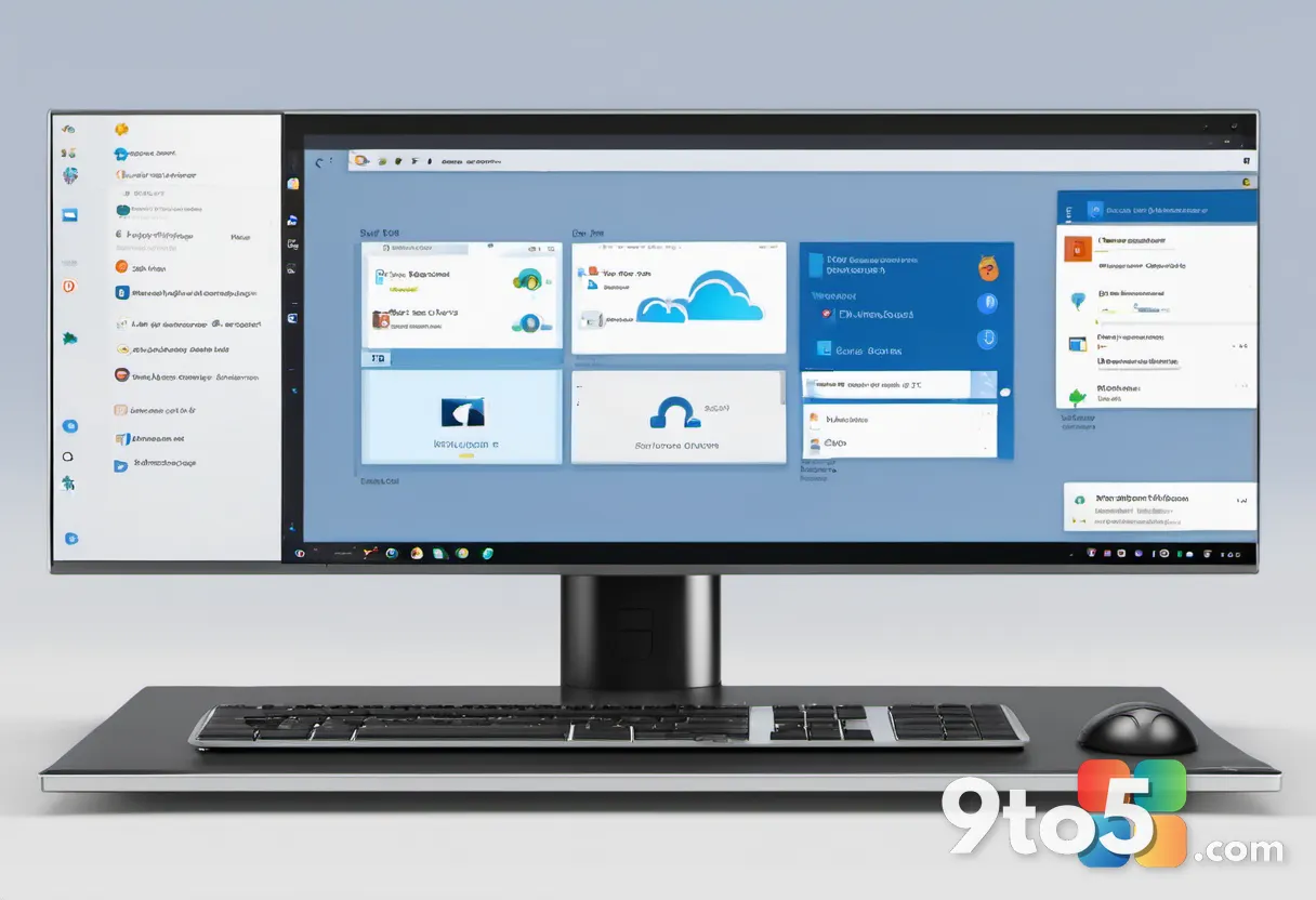 A minimalist illustration of a Windows 11 taskbar with icons for Chrome and Edge connected to a cloud and a local hard d