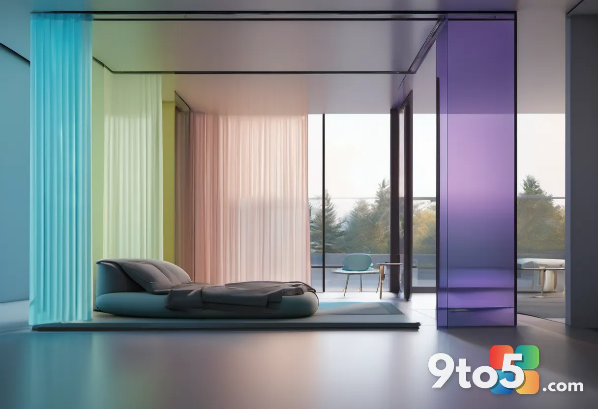 An artistic rendering of a dynamic, opaque material layer reflecting desktop wallpaper colors, symbolizing the Mica desi