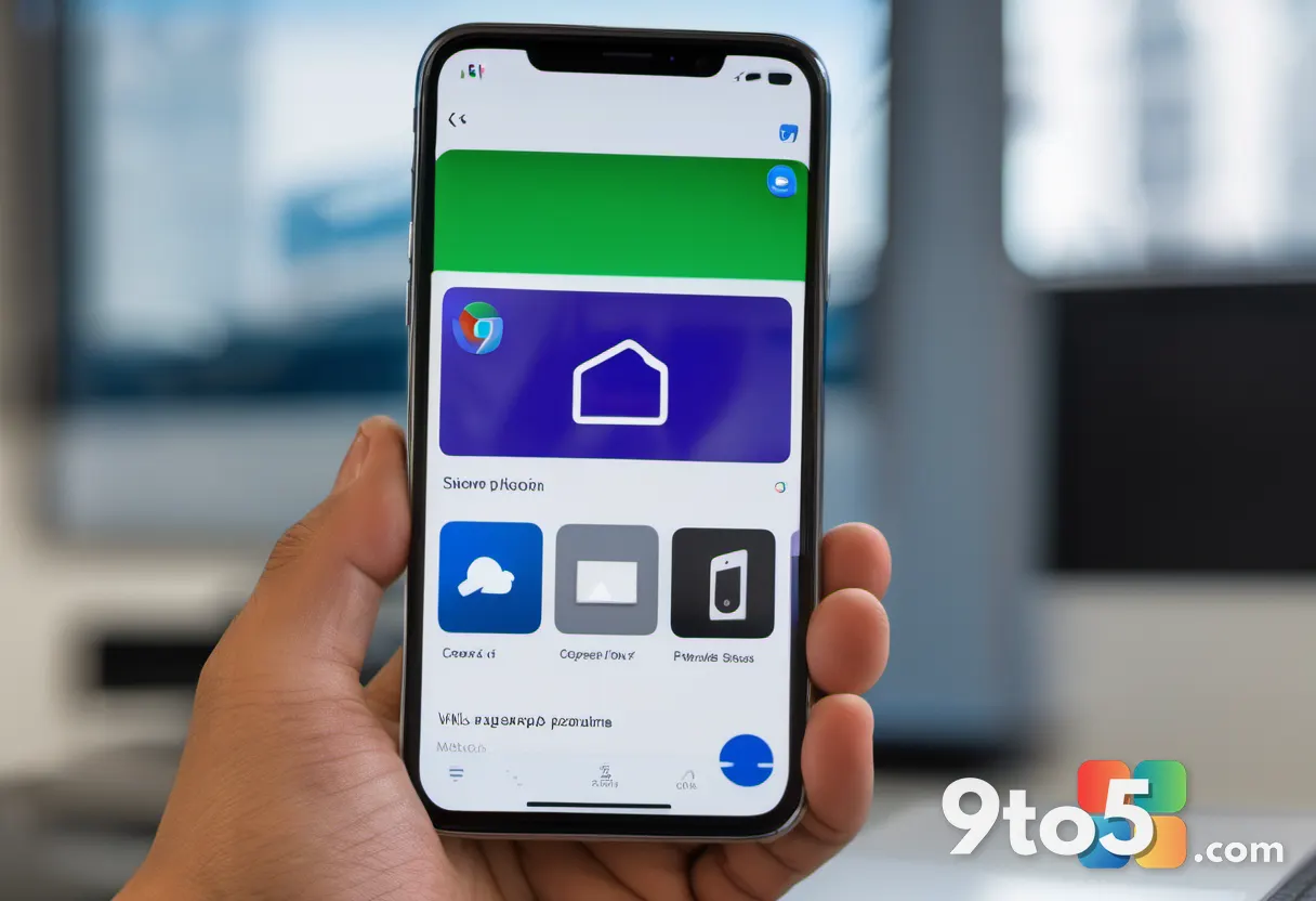 A hand holding a smartphone displaying the Chrome app icon, with a blurred Windows 11 desktop visible in the background,