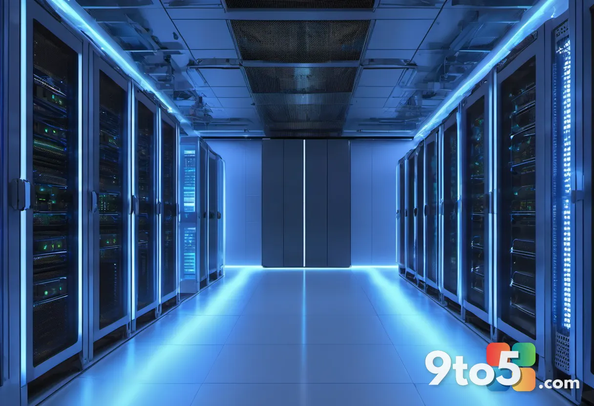 A wide shot of a modern data center server aisle with blue LED lights and large cooling pipes running along the ceiling,