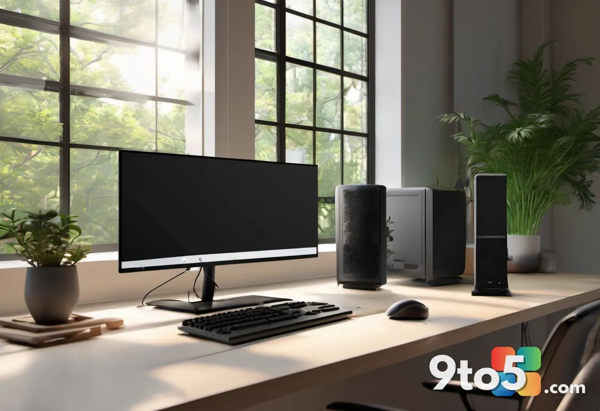 A cozy gaming setup featuring a desk fan blowing air toward a console, with an open window showing daylight and greenery