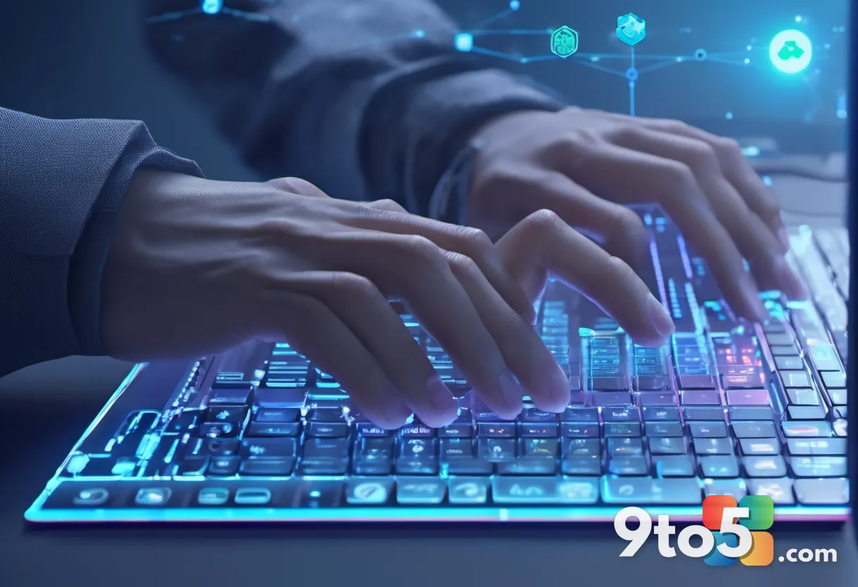 A close-up of a developer's hands typing on a keyboard with holographic code and AI agent icons floating above the scree