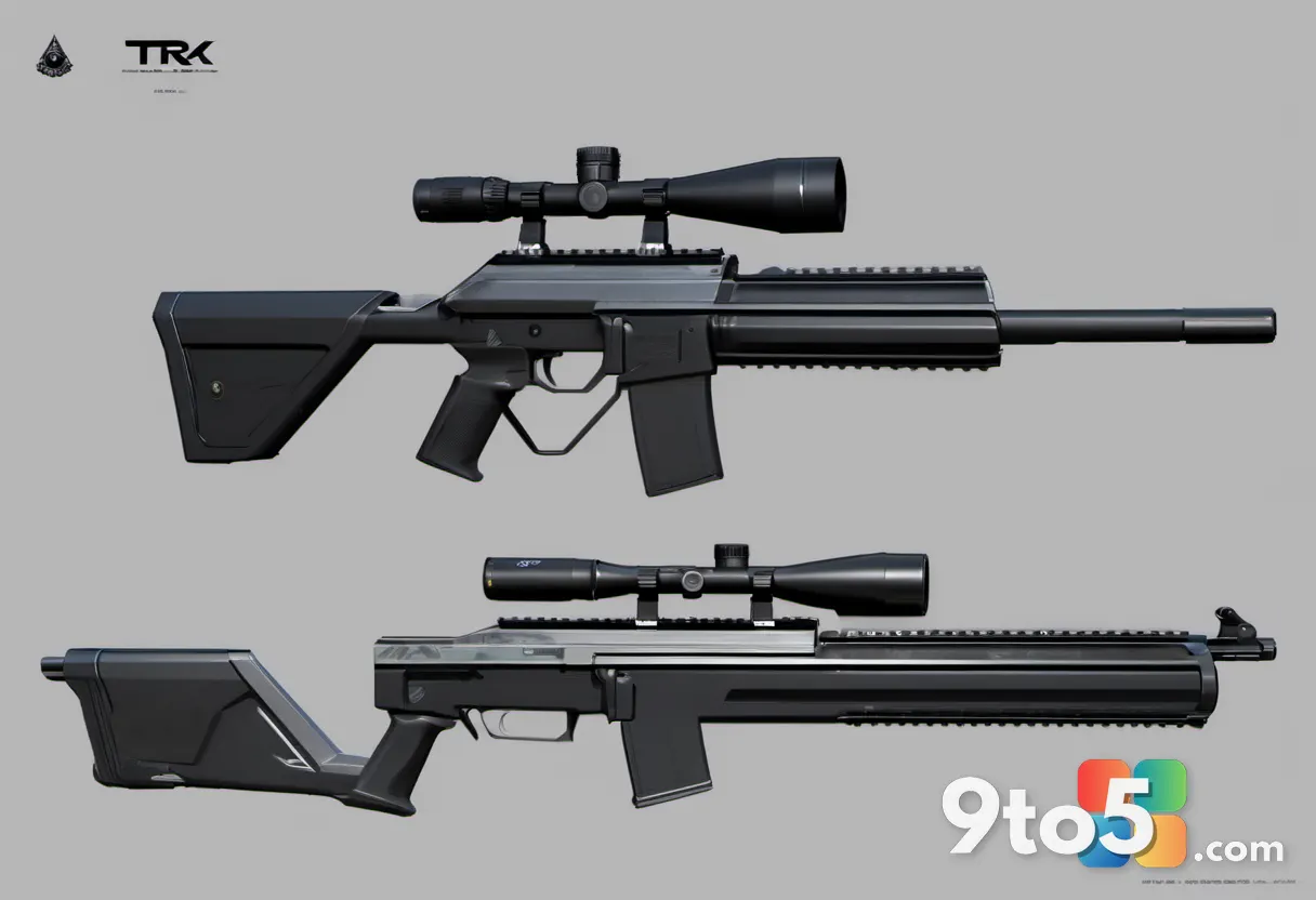 A close-up, detailed render of the TR2 marksman rifle and Olympia shotgun with a mystical glow, floating against a dark 