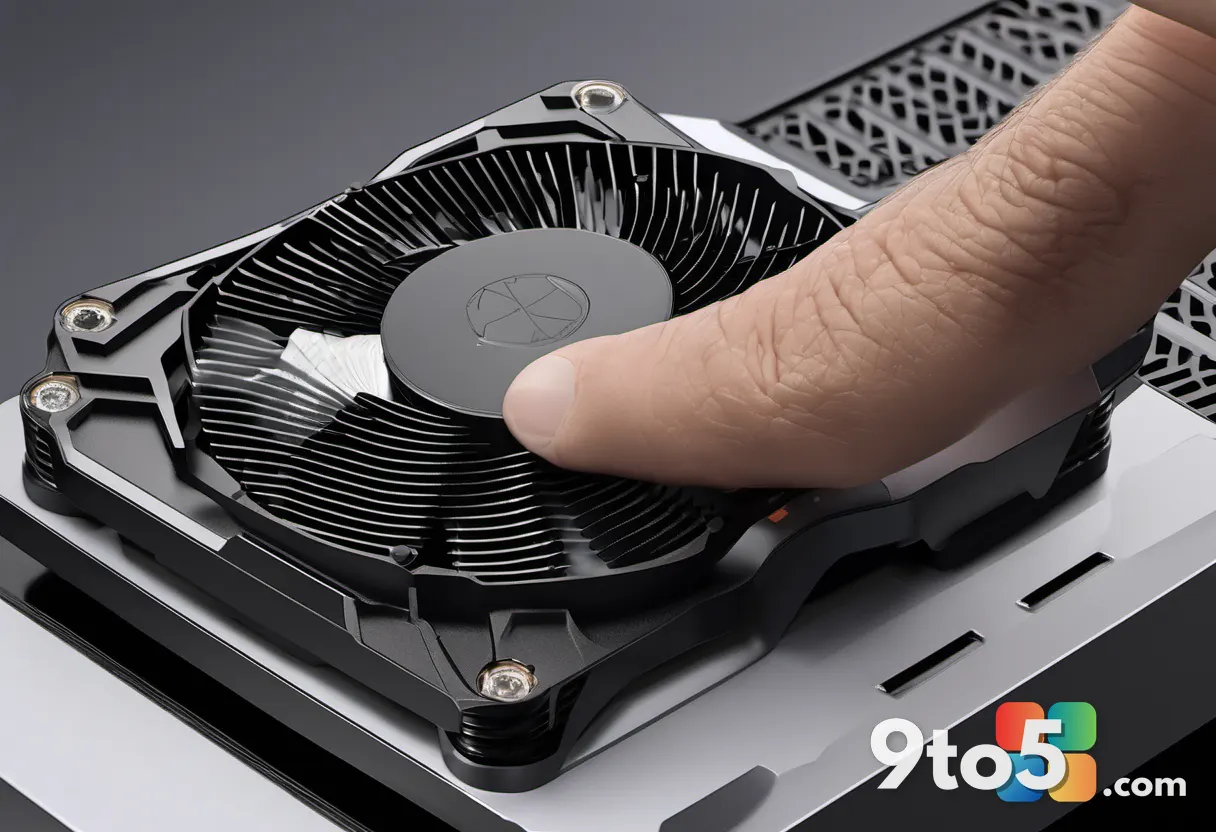 A hand carefully sliding a 120mm fan onto the rail of the Cooler Master V8 ACE 3DHP heatsink, with thermal paste and mou
