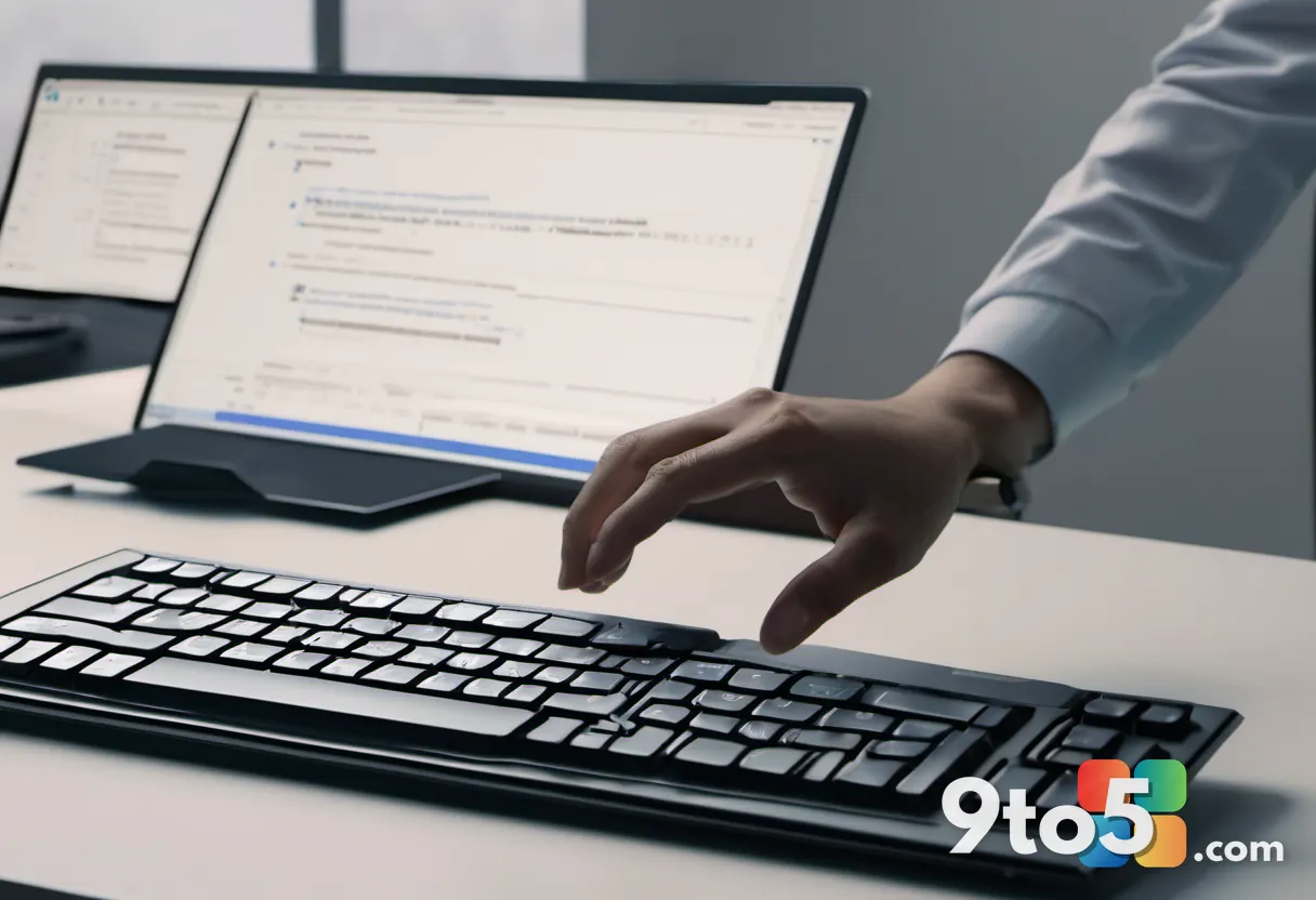 A close-up of a hand typing on a keyboard with a screen showing Markdown syntax and Copilot AI suggestions, in a profess