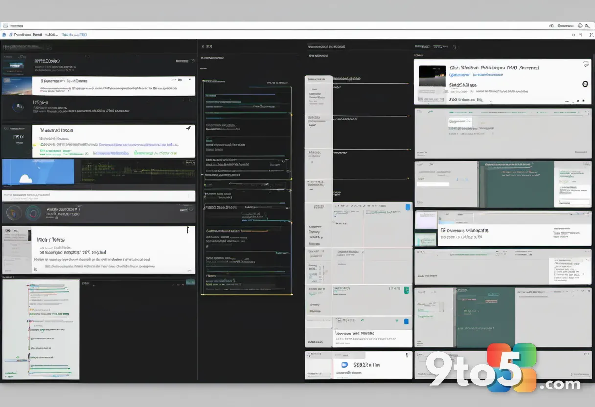 A digital timeline visualization on a dark background with floating window thumbnails connected by glowing lines, repres