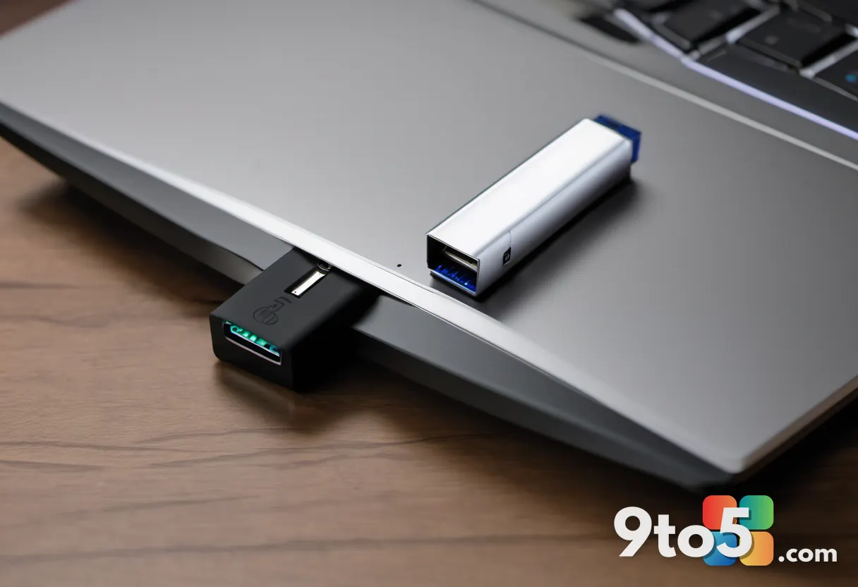 Close-up shot of a USB flash drive plugged into a laptop USB port, with File Explorer window showing the drive in the ba