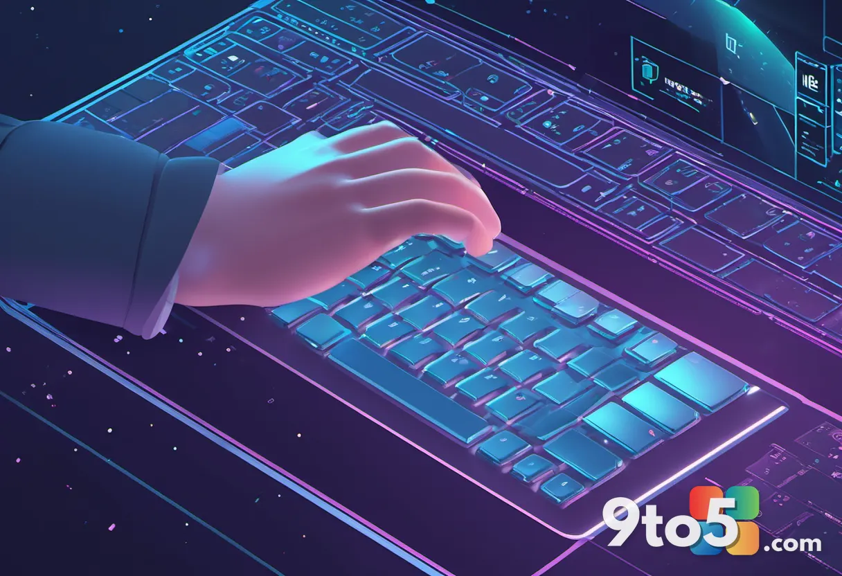 A stylized illustration of a programmer's hands typing on a keyboard with holographic code and Windows logos floating ar