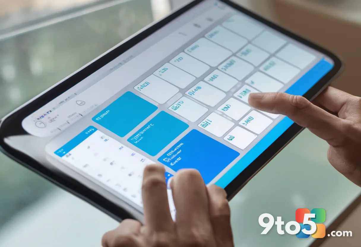 Close-up of a hand interacting with a tablet displaying blue square tiles with calendar and email icons, soft focus back