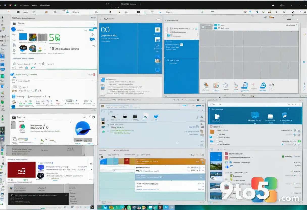 Split screen showing Windows and macOS desktops both running the same blue tile dashboard application, clean professiona