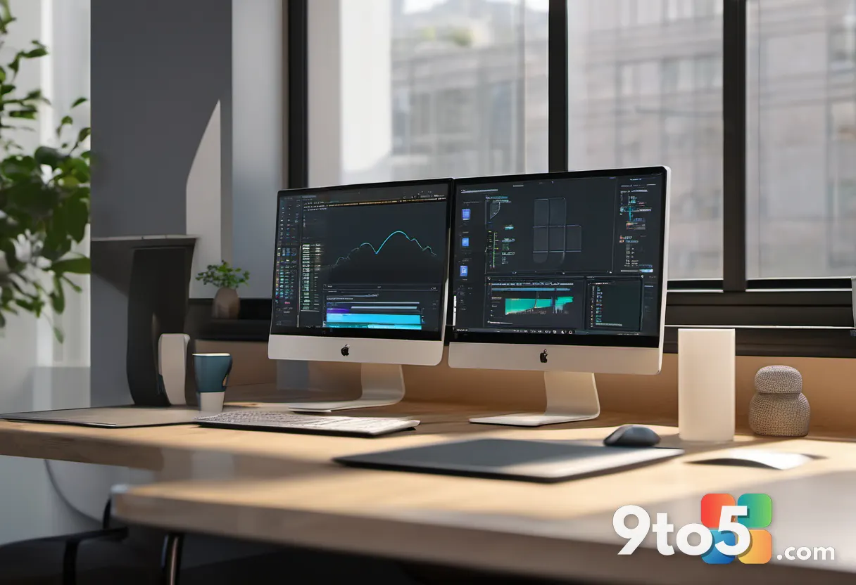 A developer's desk with multiple monitors showing code and the DayFrame application interface, coffee cup, warm office l