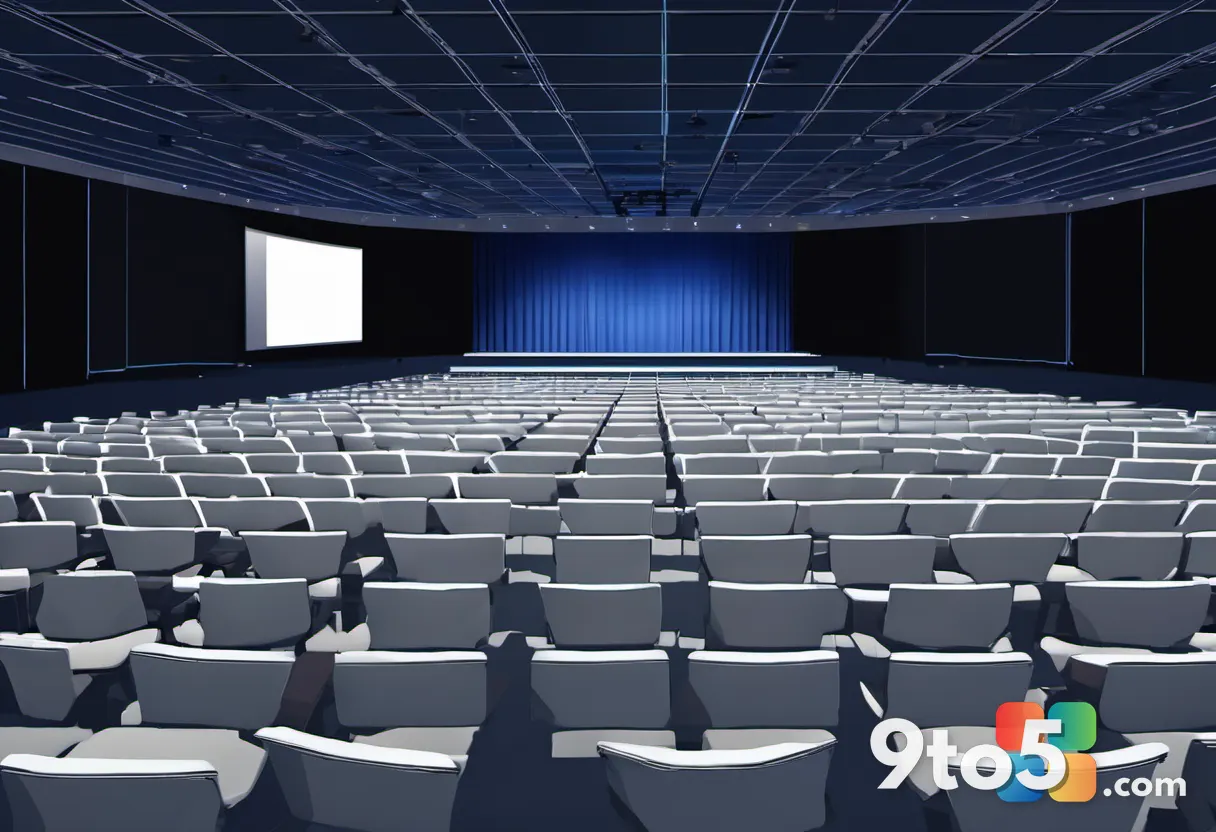 A wide shot of an empty tech-event auditorium, rows of unoccupied chairs facing a lone laptop on the stage, dim blue sta