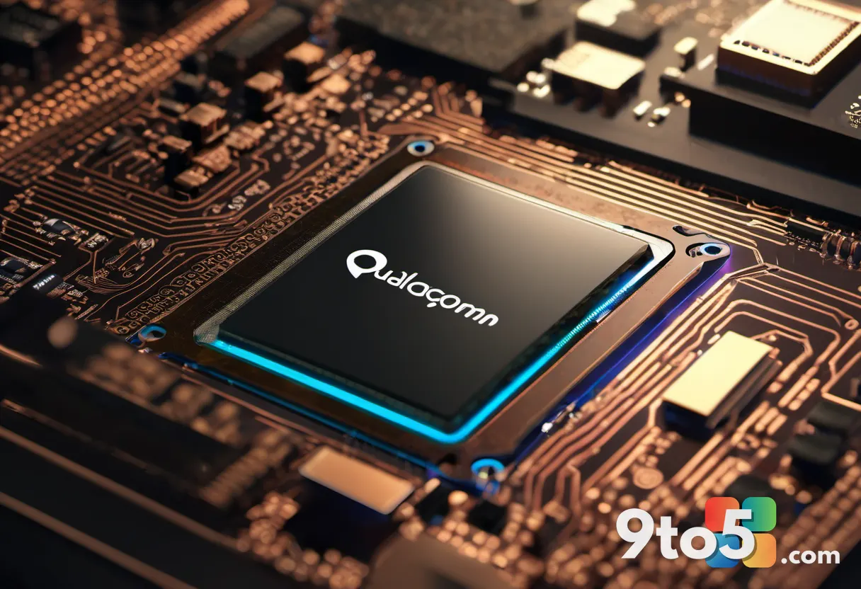 A close-up of a Qualcomm Snapdragon processor chip on a tech workbench, warm desk lighting, shallow depth of field, subt
