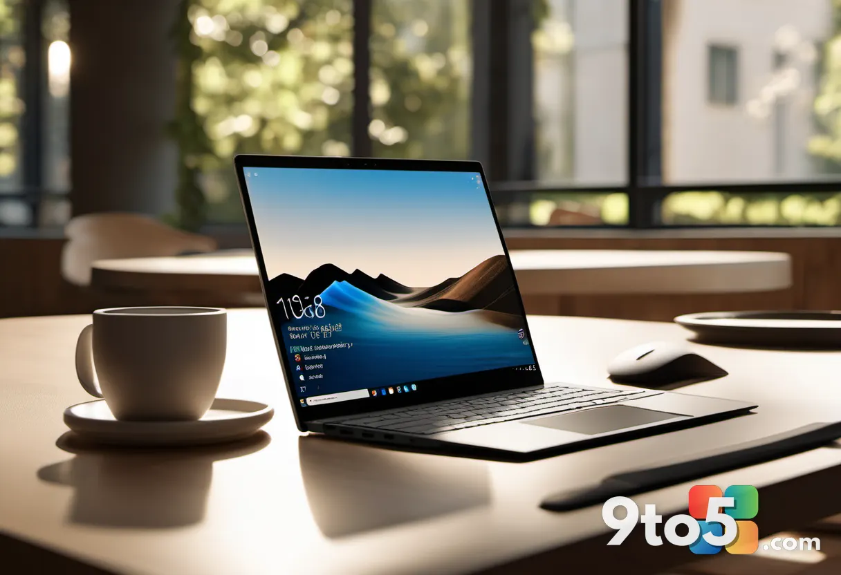 A Surface laptop in recline mode on a sunlit café table, a person browsing with a coffee nearby, warm natural lifestyle 