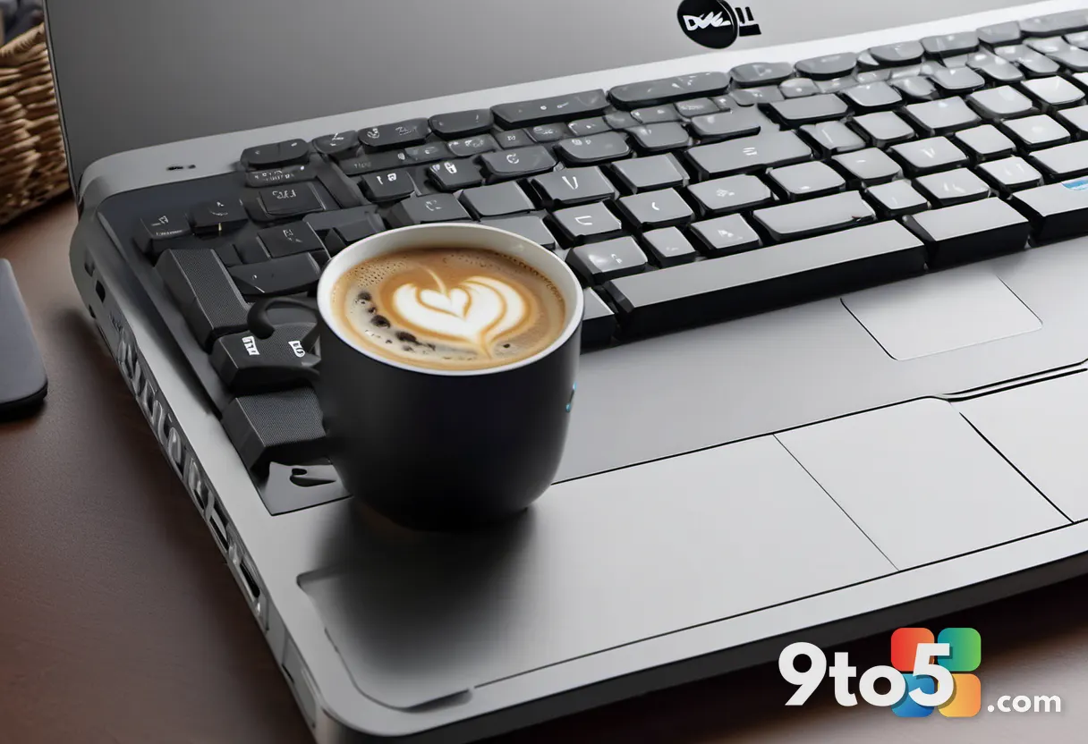 Close-up of the Dell 16S keyboard with a nearly full-size number pad, soft focus background shows a coffee cup and noteb
