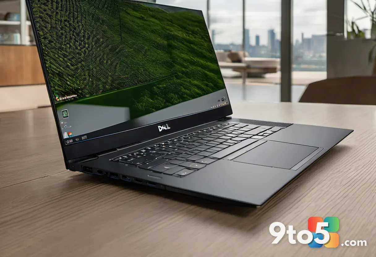 Side view of the Dell 16S laptop highlighting its Thunderbolt 4 and USB ports, placed on a wooden desk with a subtle tec