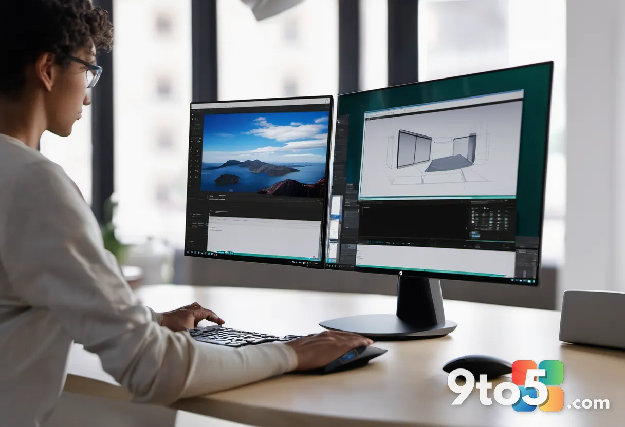 A person working on the Dell 16S in a bright modern office, the OLED screen displays a photo editing interface, shallow 