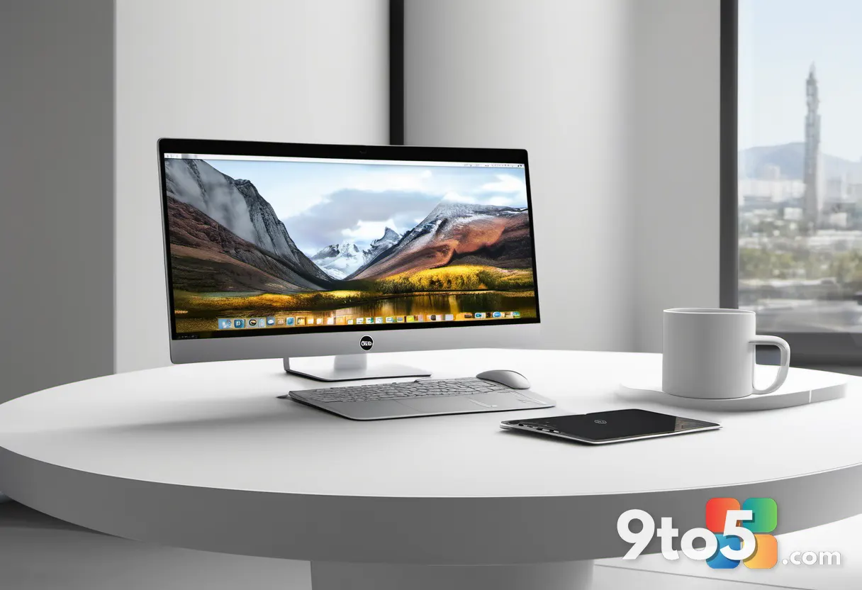 Dell 16S laptop closed and standing upright next to a sleek silver coffee mug on a clean white surface, minimalist compo