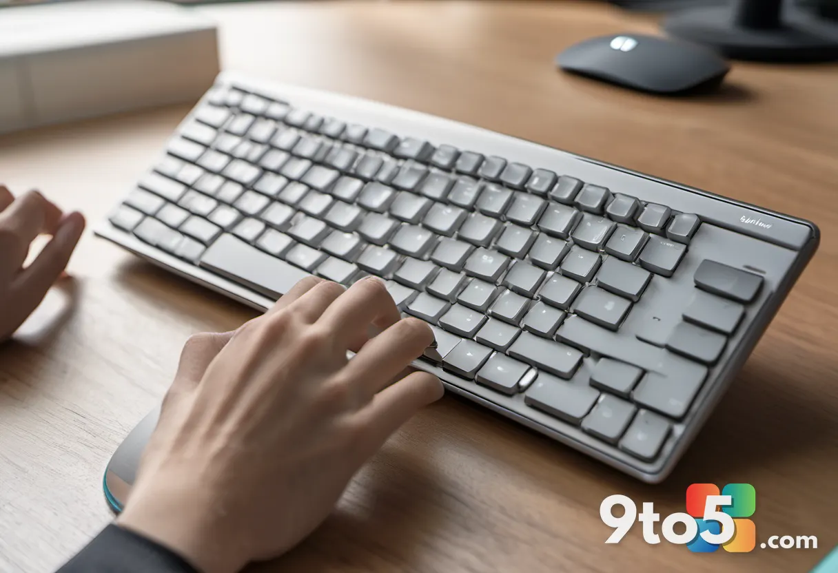 A close-up shot of a student's hands typing on a compact silver keyboard with a wireless mouse nearby, both resting on a