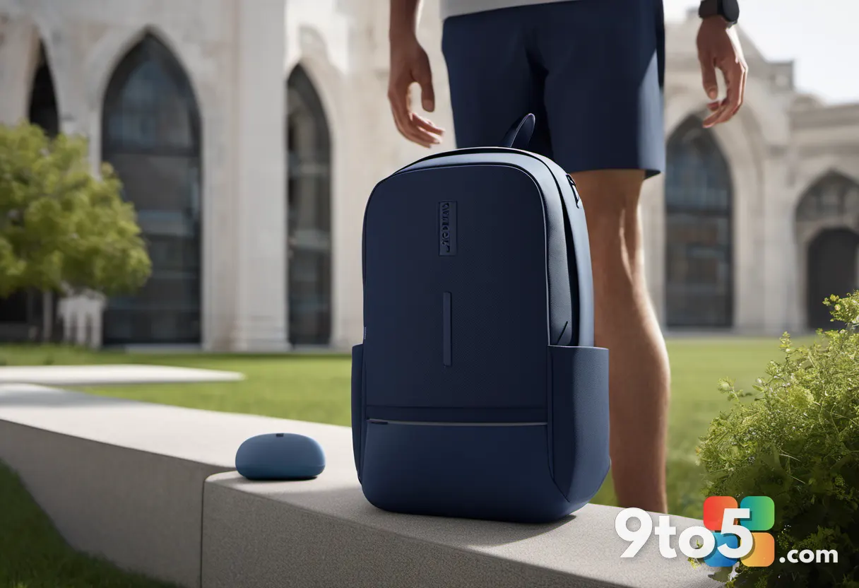 A navy blue Dell EcoLoop backpack standing upright on a university quad, with a laptop peeking out of the top sleeve and
