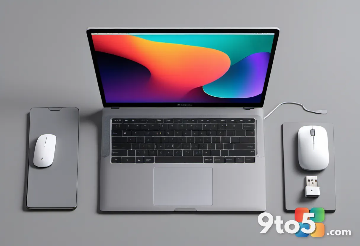 A top-down view of a neatly arranged desk setup featuring a silver laptop, a white wireless mouse, a USB-C charging cabl