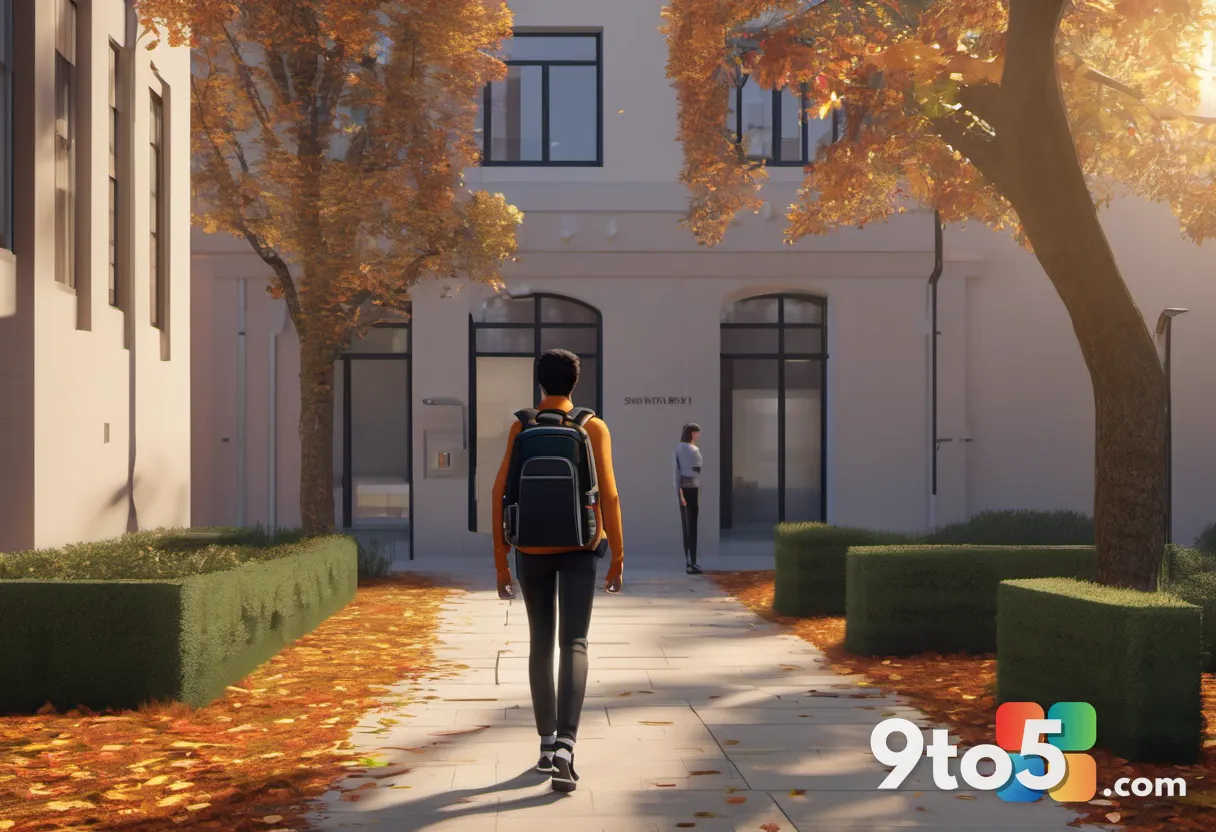 A student walking through a sunlit campus pathway carrying a dark backpack, with a laptop bag visible in the side pocket