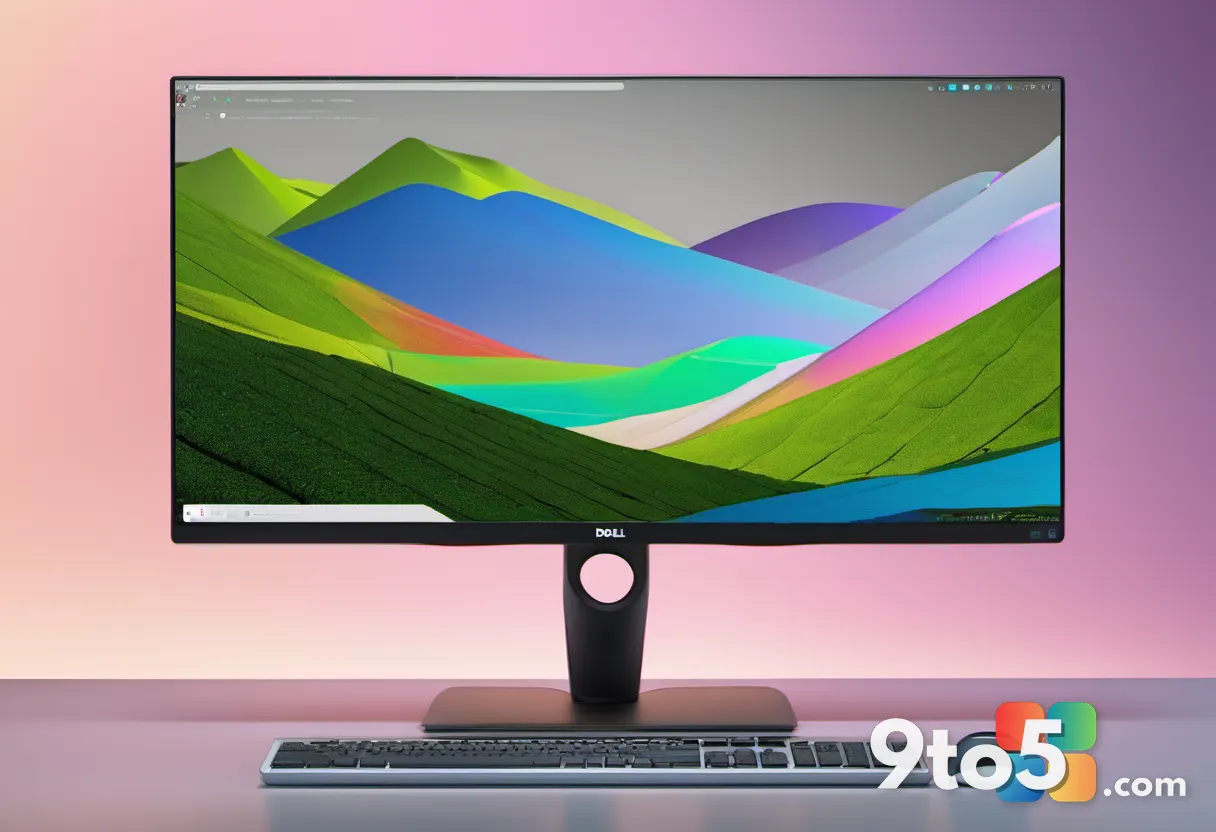Close-up of a Dell 32 Plus monitor showing a colorful landscape, silver stand, clean background.